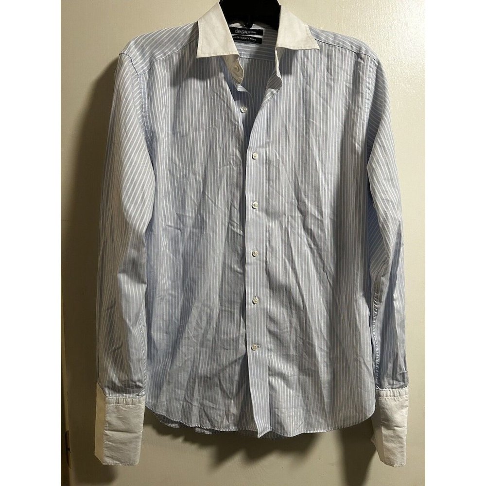 Saks Fifth Avenue Slim Fit Long Sleeve Shirt White Light Blue Strips 5.5 34/35